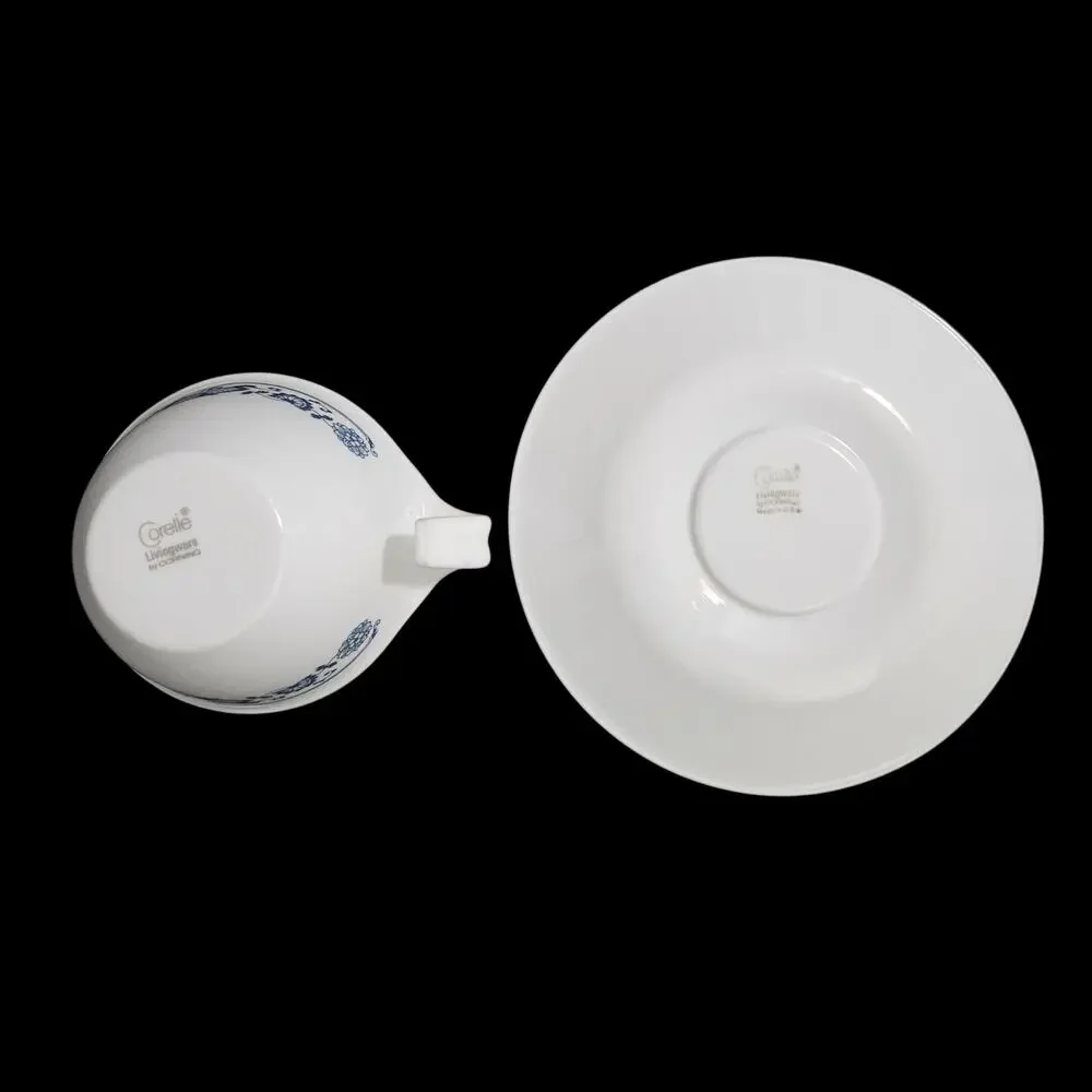 Corelle Livingware Blue Onion Cups & Saucers Set of 4 White Blue Vitrelle USA
